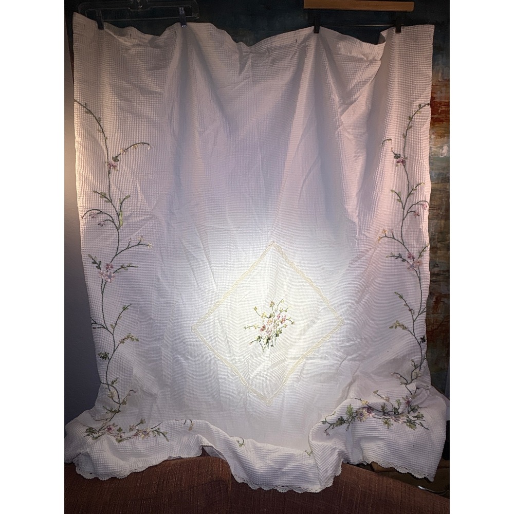 JCPenney Home White Waffle Weave Ribbon Floral Embroidered Shower Curtain